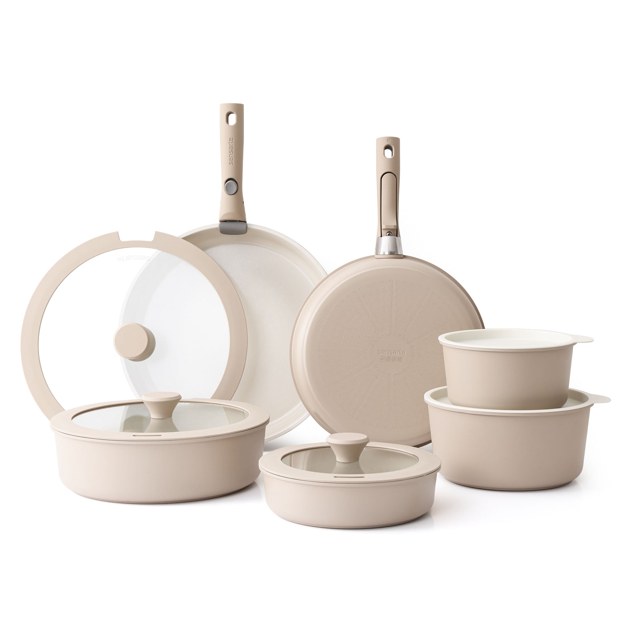 SENSARTE Nonstick Cookware Set with Detachable Handle 18pcs Almond Beig