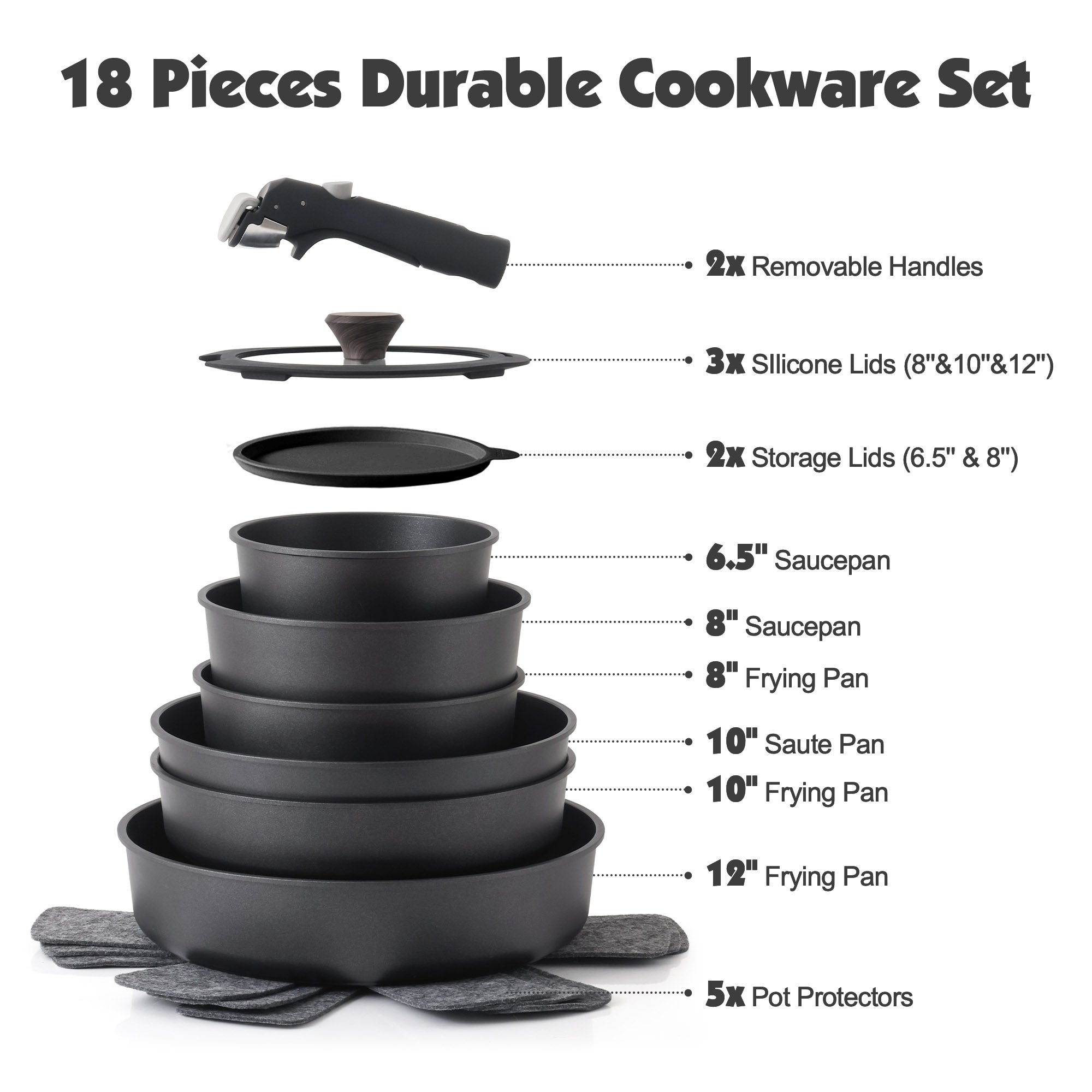 SENSARTE Nonstick Cookware Set with Detachable Handle 18pcs Black