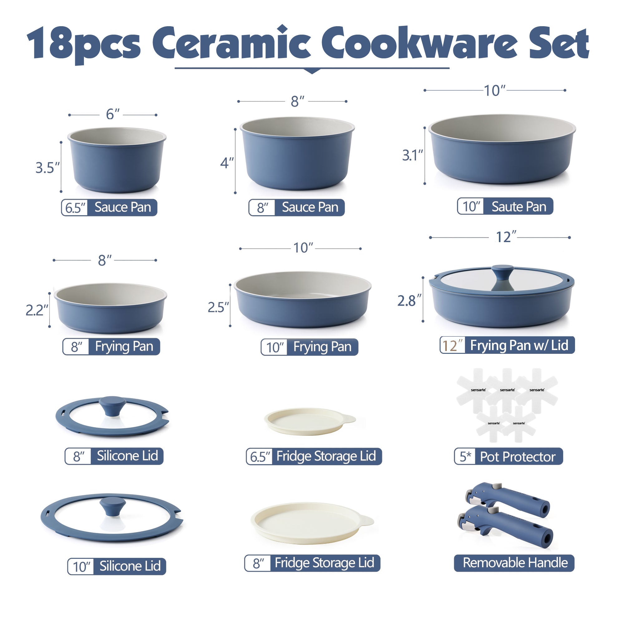 SENSARTE Nonstick Coookware Set with Detachable Handle 18pcs Navy