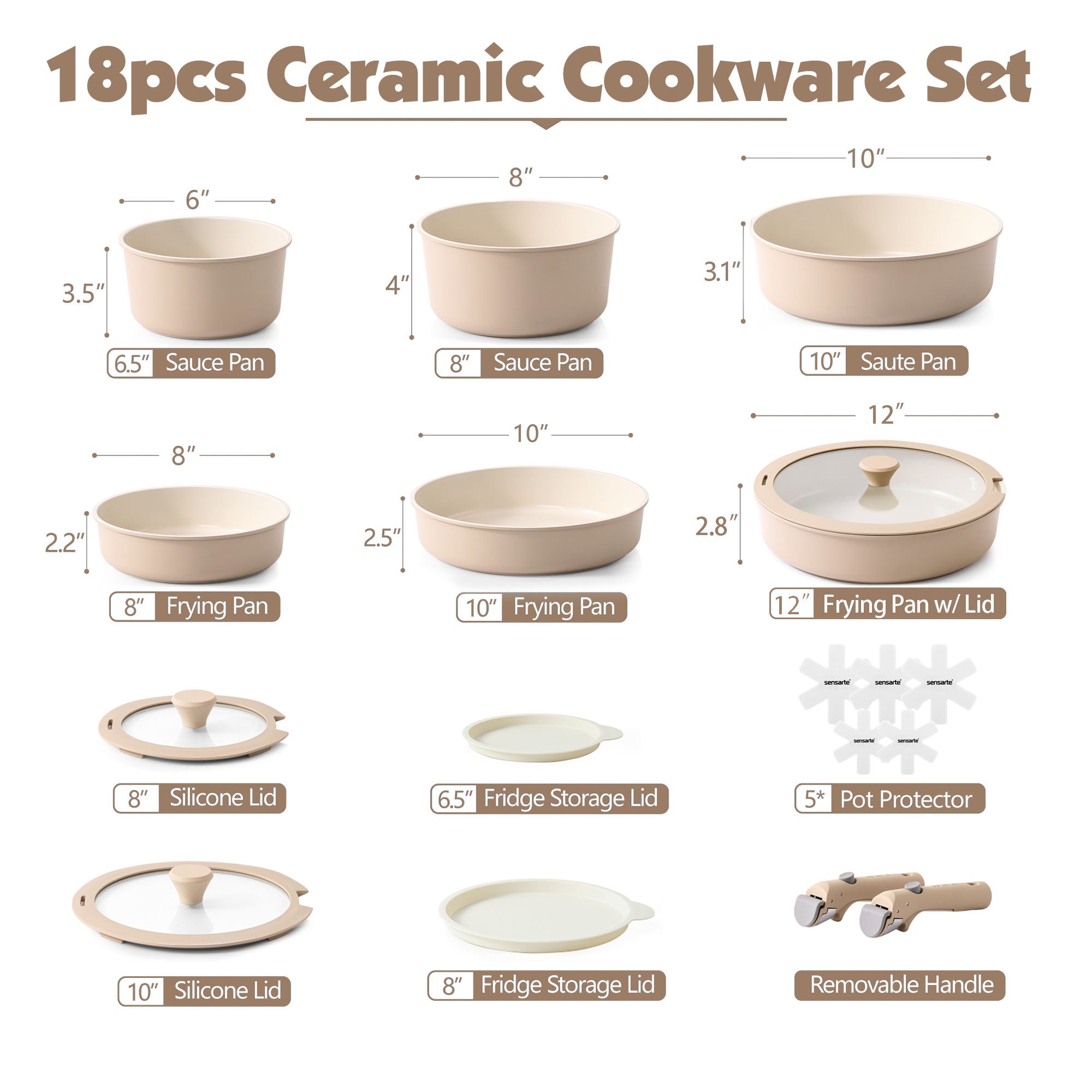 SENSARTE Nonstick Cookware Set with Detachable Handle 18pcs Almond Beig
