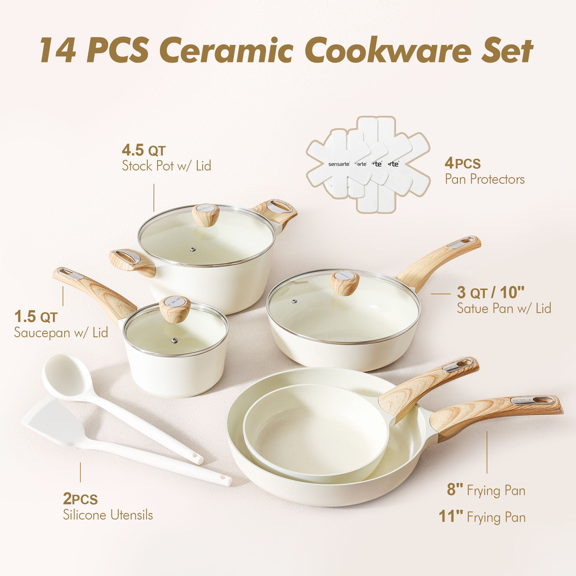 SENSARTE Ceramic Cookware Sets, Pots and Pans Set Non stick, 14-Piece Induction Cookware, Non toxic Healthy Non Stick Kitchen Cooking Set, with Frying Pans Set, PFAS PTFE PFOA PFOS Free
