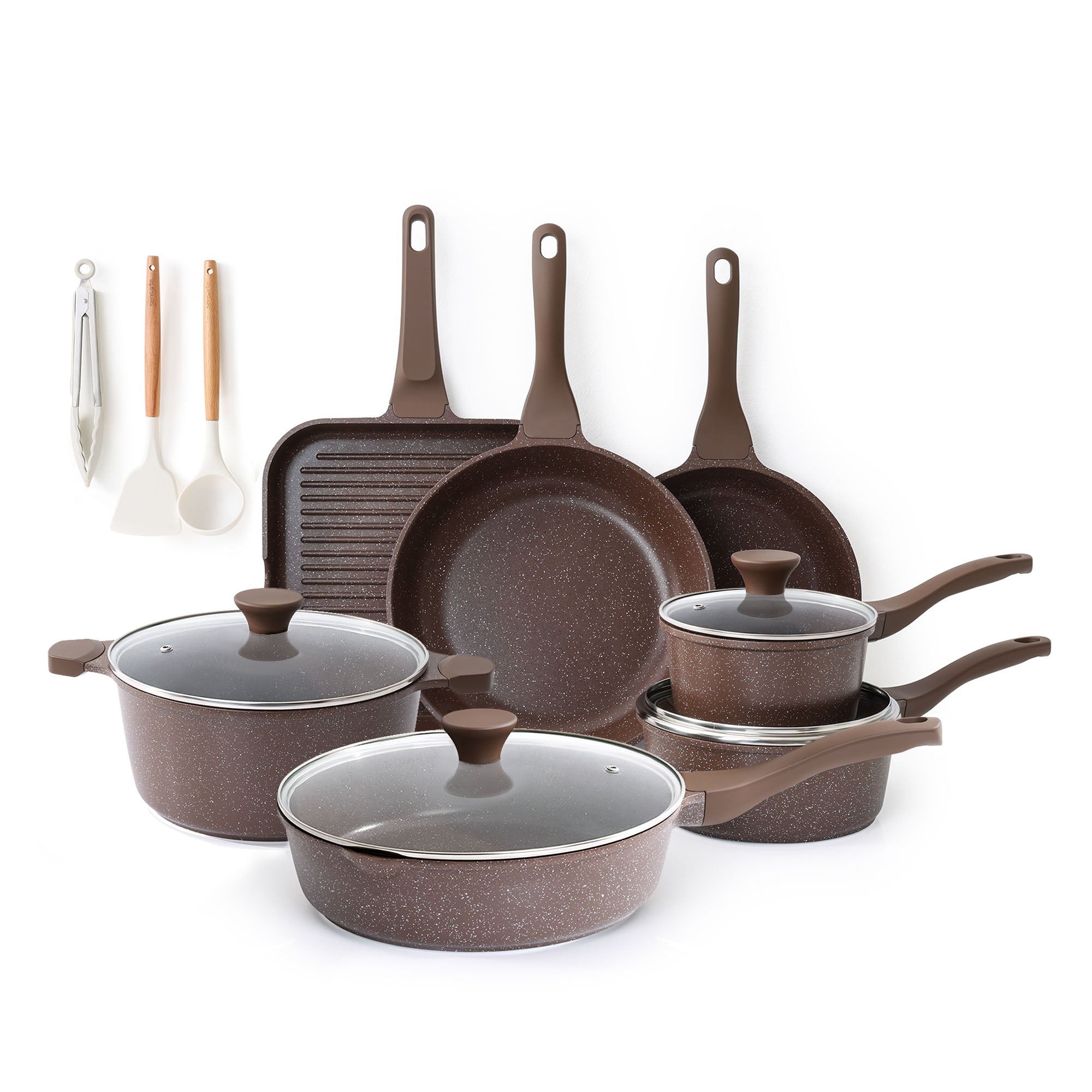SENSARTE Nonstick Pots and Pans Set 21 Pieces Toffee Brown