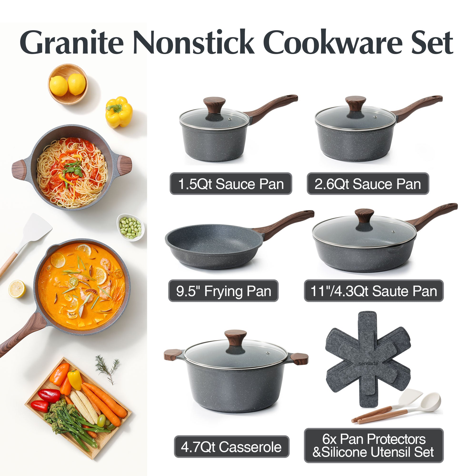 SENSARTE Nonstick Pots and Pans Set 17 Pieces Gray