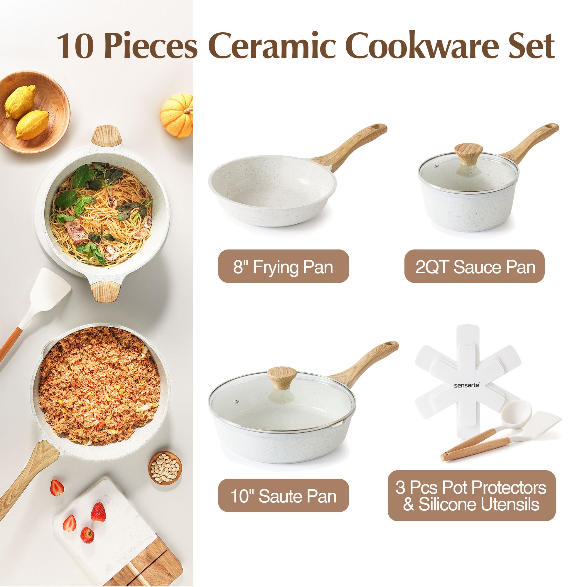 SENSARTE Ceramic Nonstick Pots and Pans Set 10 Pieces Granite White