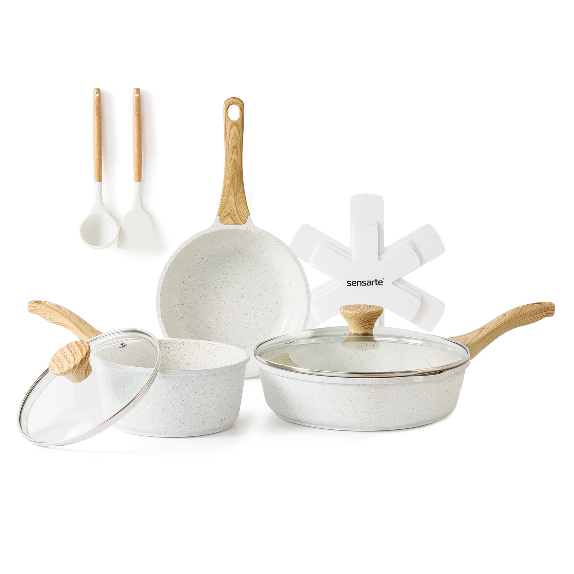 SENSARTE Ceramic Nonstick Pots and Pans Set 10 Pieces Granite White