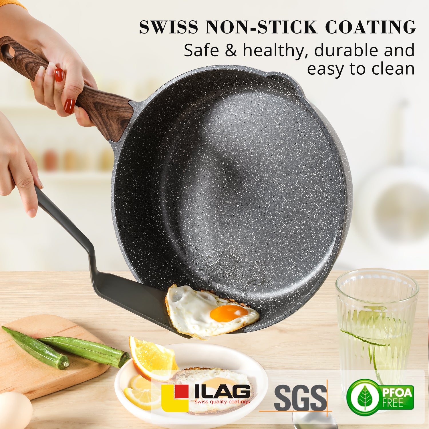 SENSARTE Nonstick Frying Pan Skillet with Lid Swiss Granite 8″ Glass Lid